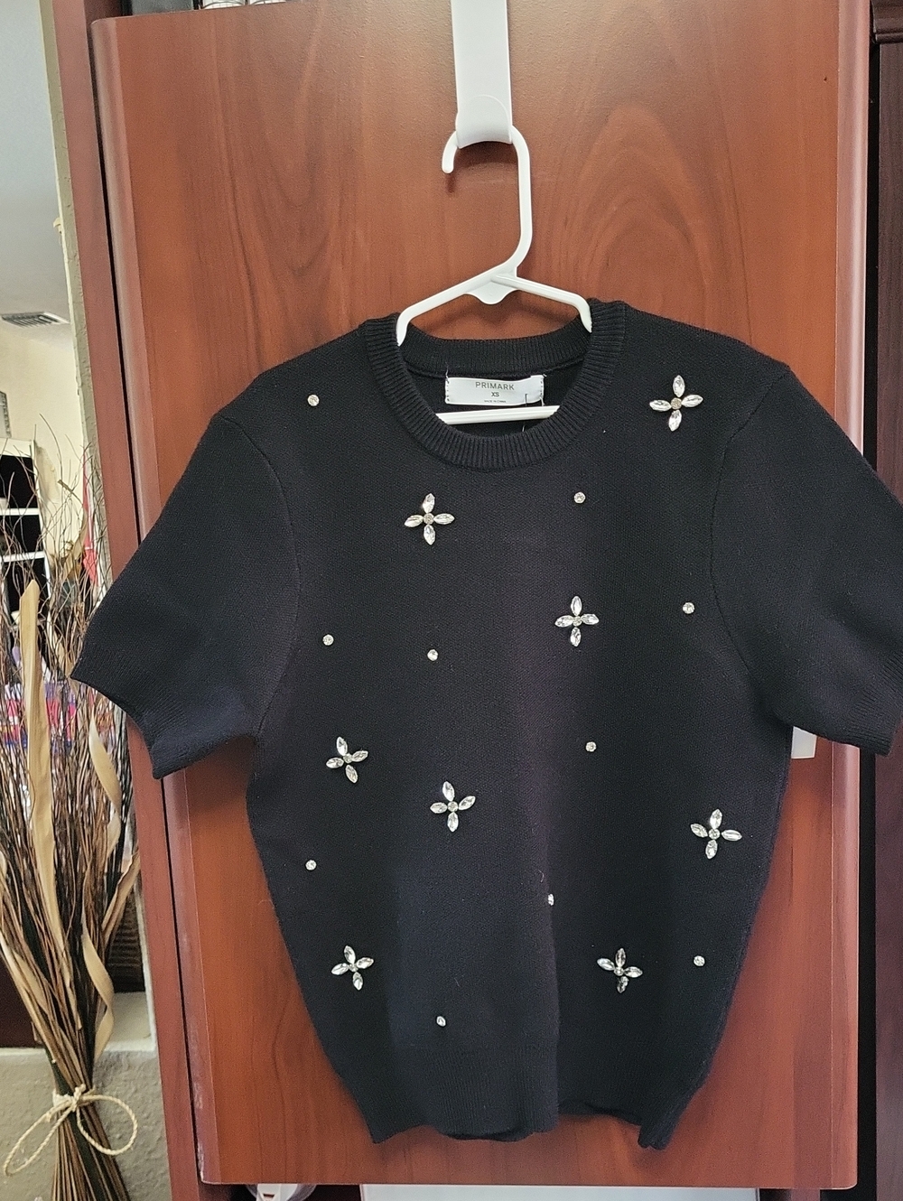 Primark Black Short-Sleeve Knit Top with Crystal Floral Embellishments